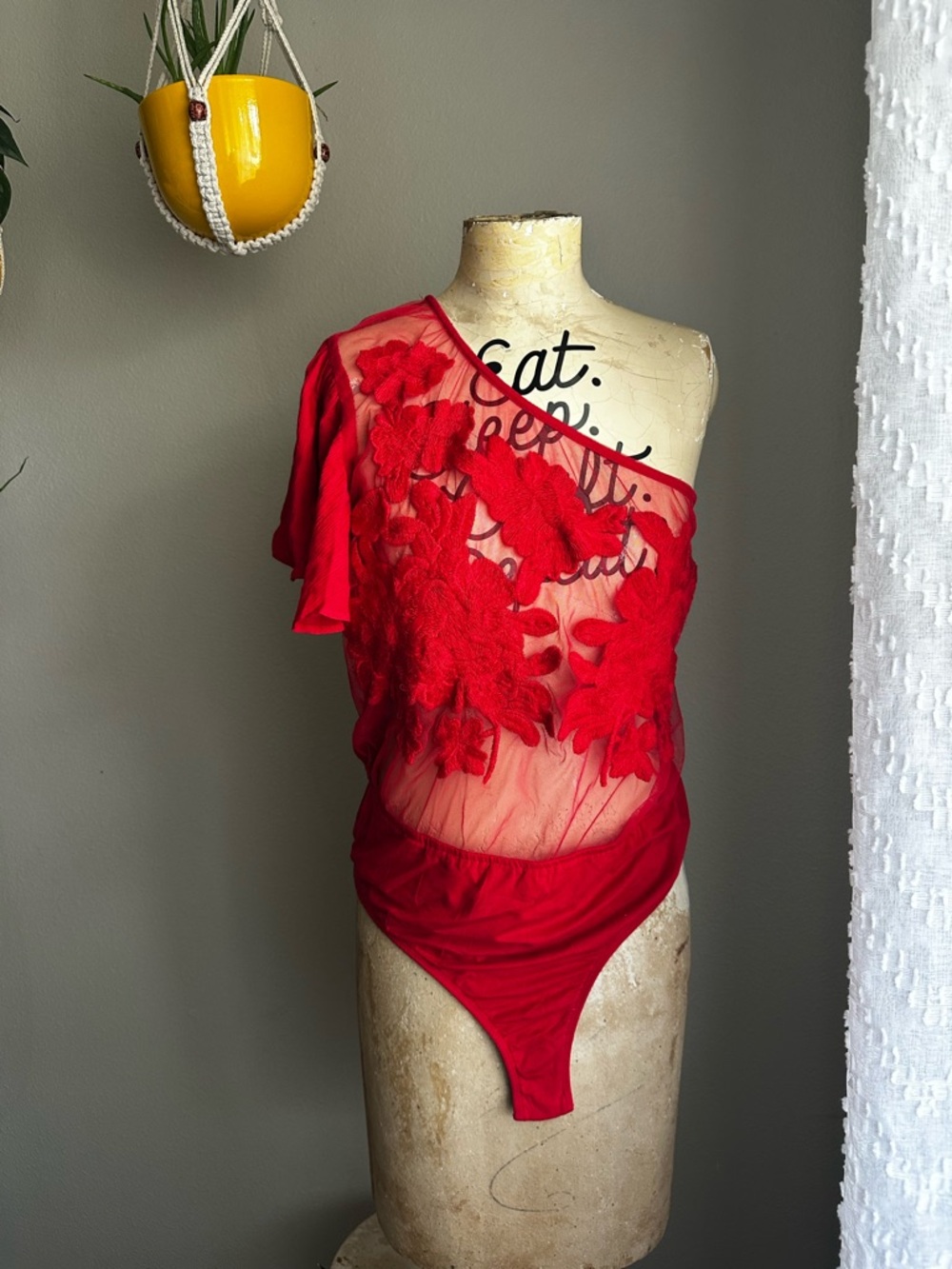 Band Of The Free Red One-Shoulder Floral Applique Bodysuit